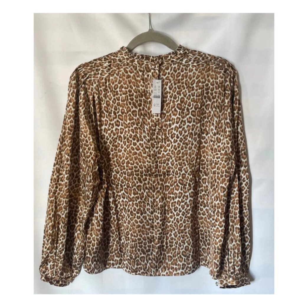 J.Crew Leopard Blouse Brown Ruffle Neck Long Sleeve Relaxed L